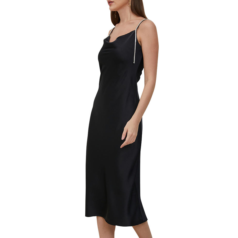Arielle Black Rhinestone Strap Cowlneck Satin Midi Dress - ALLARA