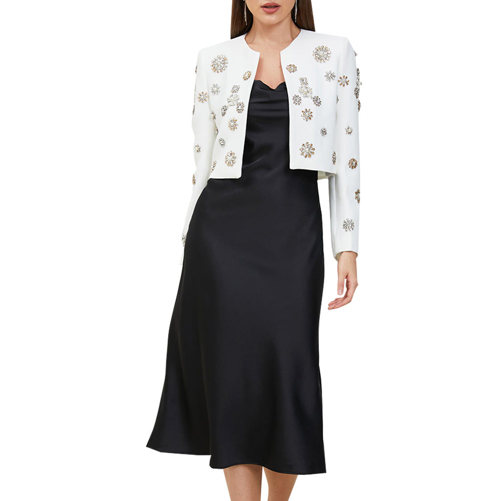 Arielle Black Rhinestone Strap Cowlneck Satin Midi Dress - ALLARA