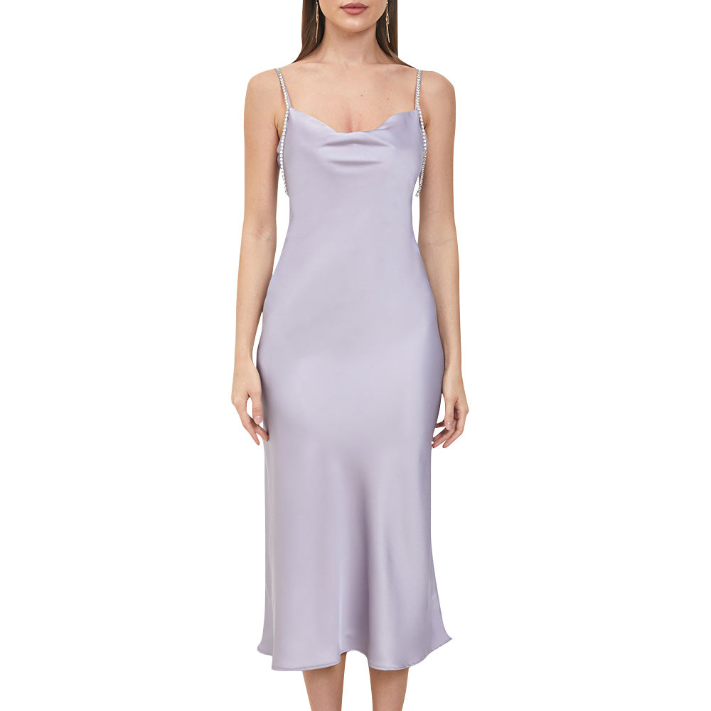 Arielle Purple Rhinestone Strap Cowlneck Satin Midi Dress - ALLARA