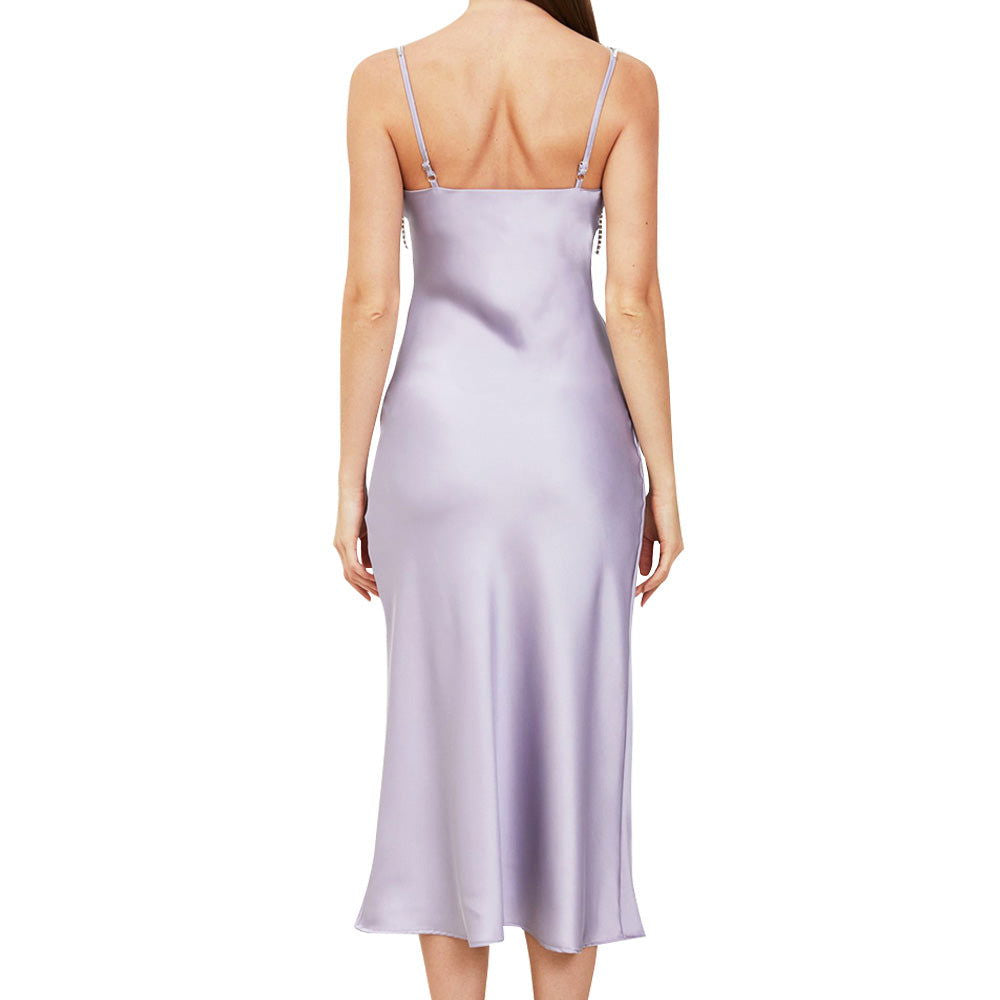 Arielle Purple Rhinestone Strap Cowlneck Satin Midi Dress - ALLARA