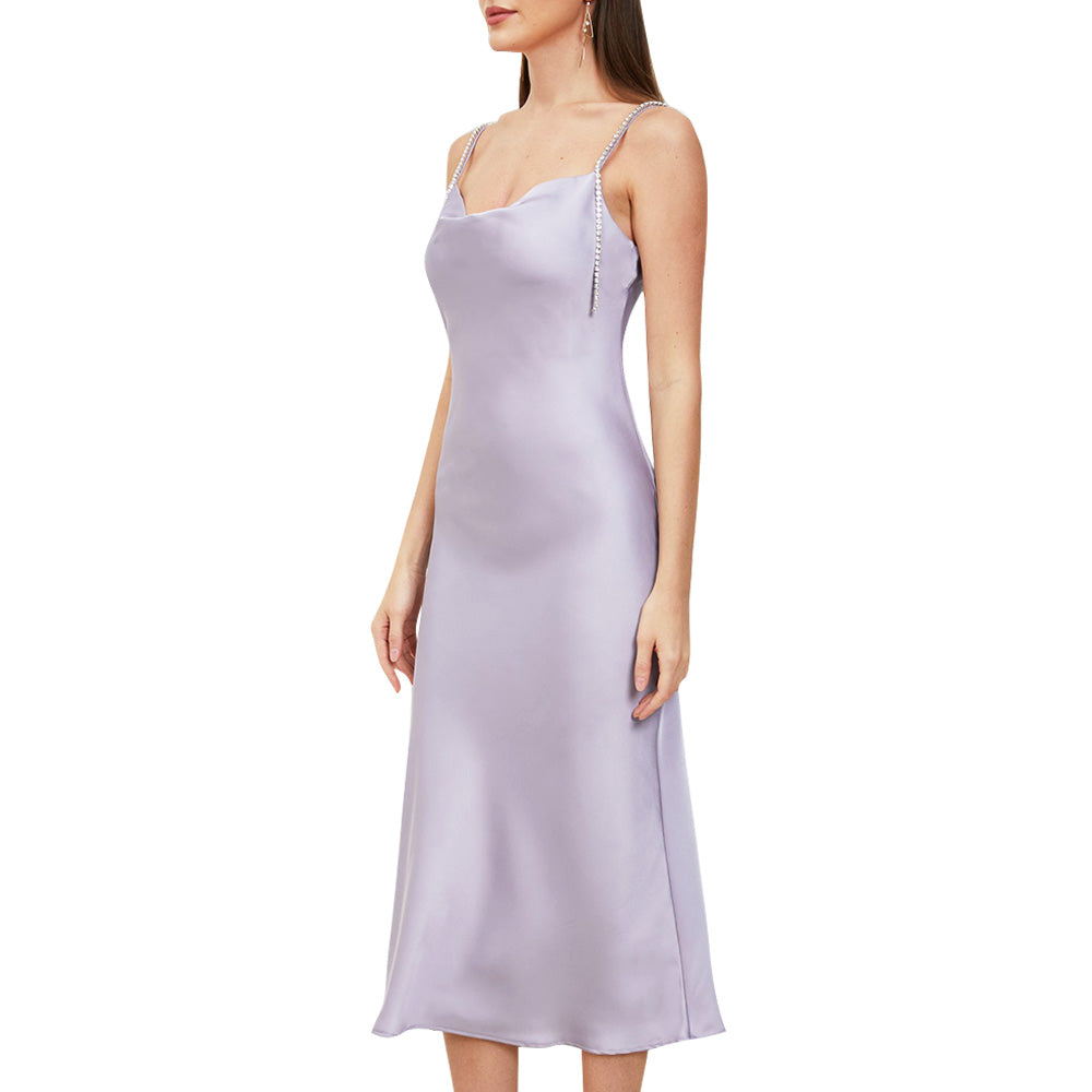 Arielle Purple Rhinestone Strap Cowlneck Satin Midi Dress - ALLARA