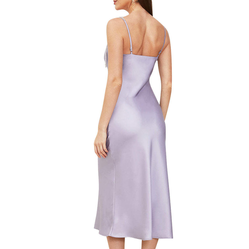 Arielle Purple Rhinestone Strap Cowlneck Satin Midi Dress - ALLARA