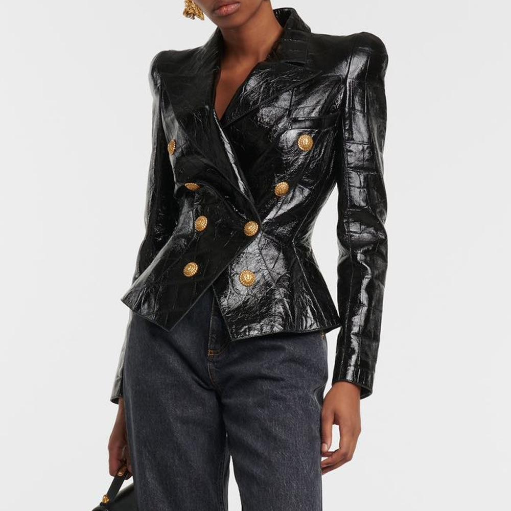 Aveline Black Faux Leather Blazer Jacket - ALLARA