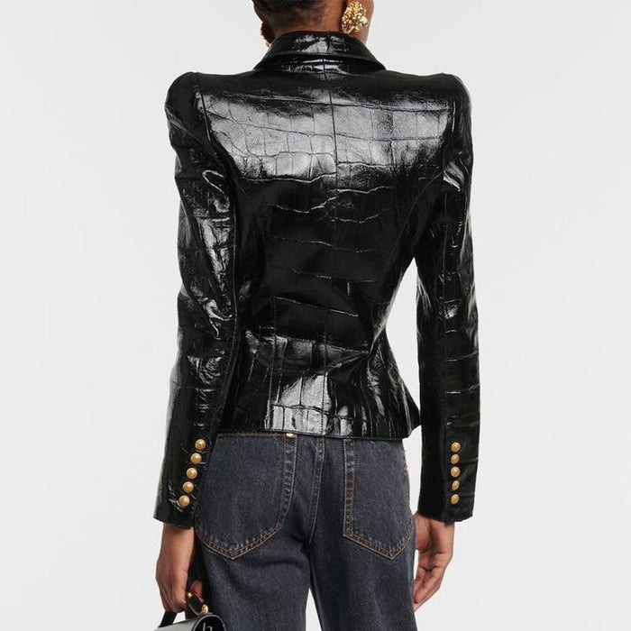 Aveline Black Faux Leather Blazer Jacket - ALLARA
