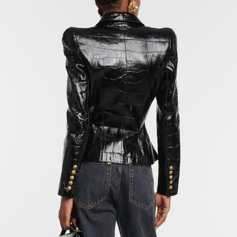 Aveline Black Faux Leather Blazer Jacket - ALLARA