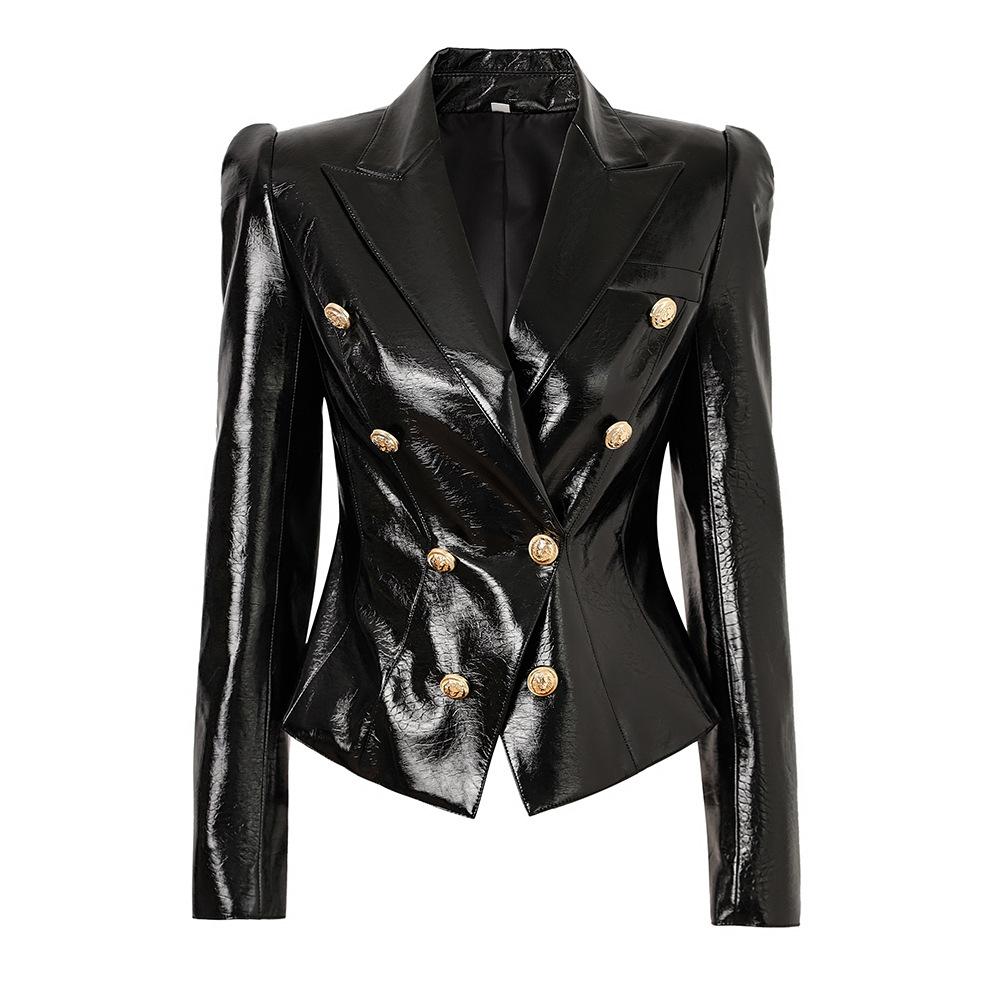 Aveline Black Faux Leather Blazer Jacket - ALLARA