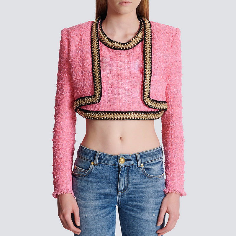 Azalea Pink Cropped Tweed Jacket with Chain Trim for Women