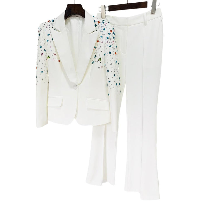 Bethany White Crystal Rhinestone Blazer & Pant Two Piece Set - ALLARA