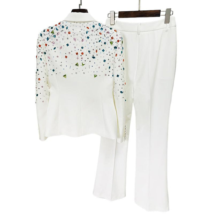 Bethany White Crystal Rhinestone Blazer & Pant Two Piece Set - ALLARA