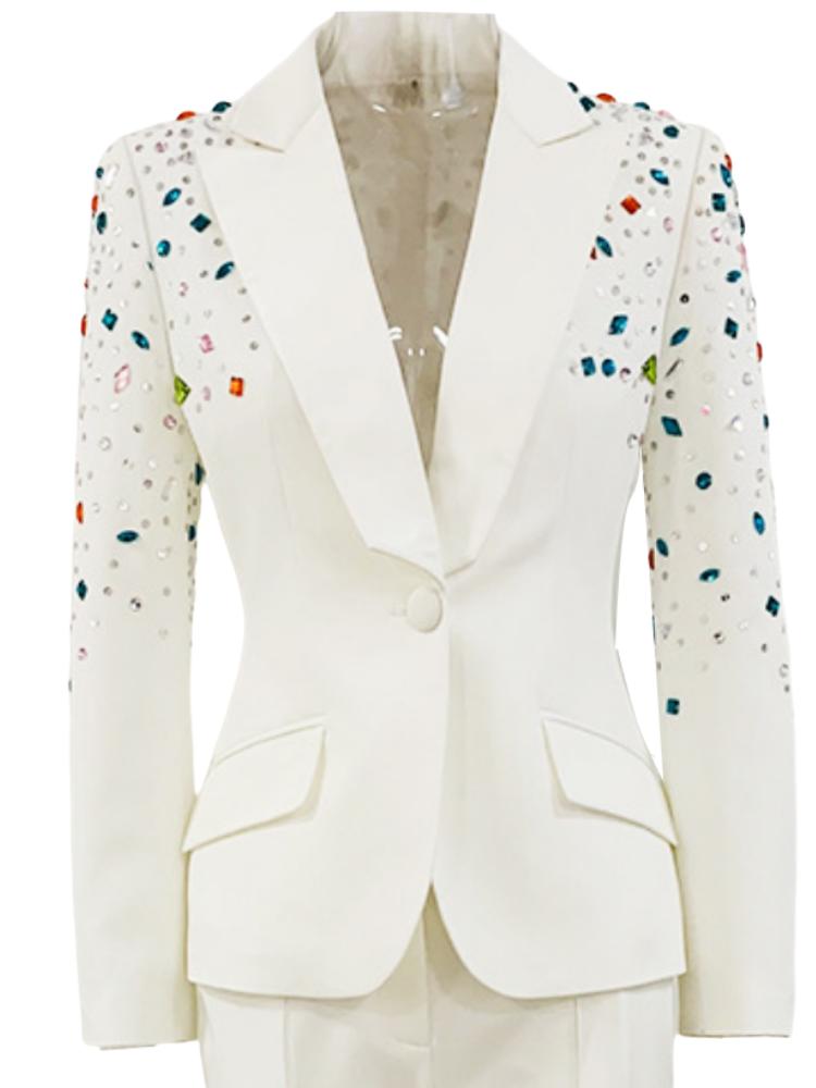 Bethany White Crystal Rhinestone Blazer & Pant Two Piece Set - ALLARA
