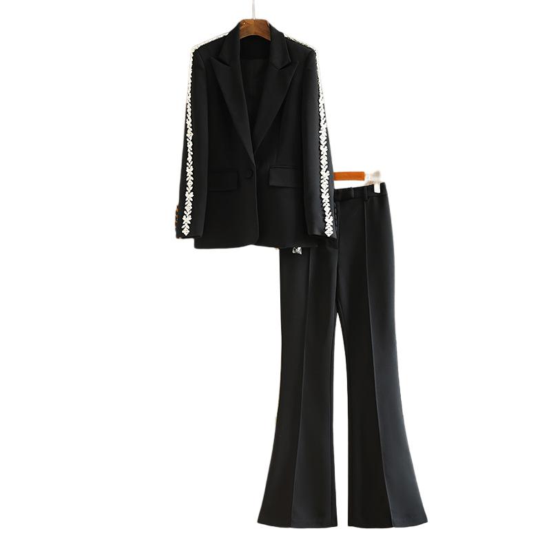 Calista Black Rhinestone Arm Blazer & Pant Two Piece Set - ALLARA