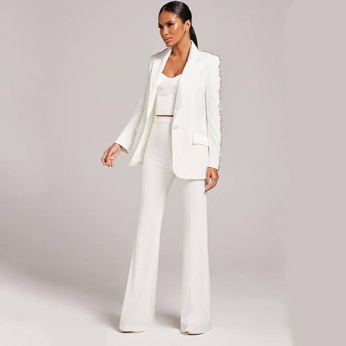 Calista White Rhinestone Arm Blazer & Pant Two Piece Set - ALLARA