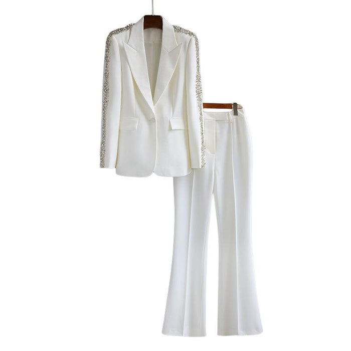 Calista White Rhinestone Arm Blazer & Pant Two Piece Set - ALLARA