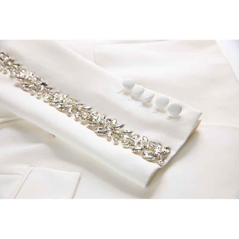 Calista White Rhinestone Arm Blazer & Pant Two Piece Set - ALLARA