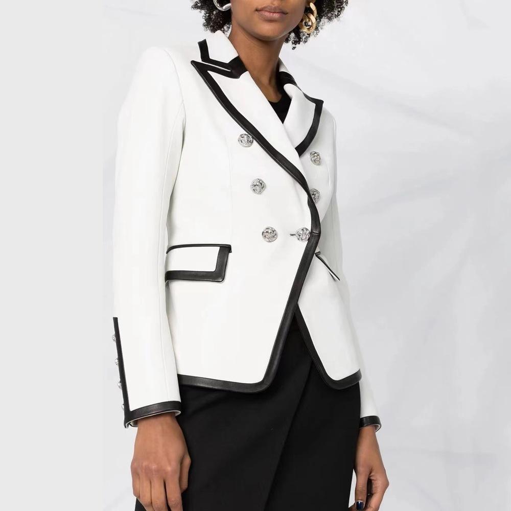 Candace Black White Contrast PU Leather Blazer - ALLARA
