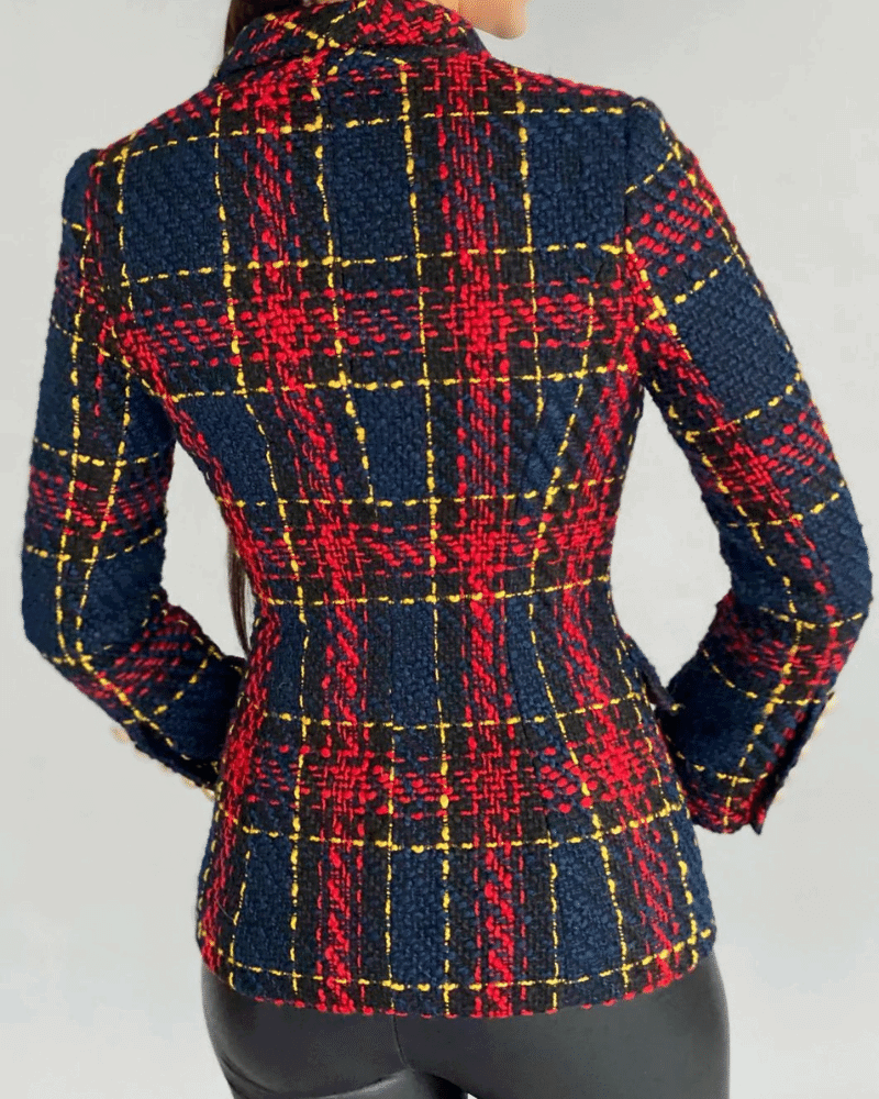 Charmaine Navy Red Plaid Double Breasted Blazer - ALLARA