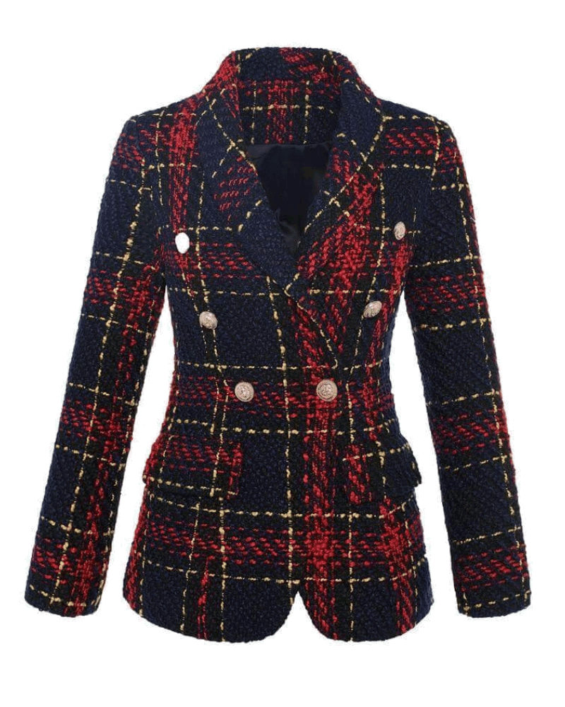 Charmaine Navy Red Plaid Double Breasted Blazer - ALLARA