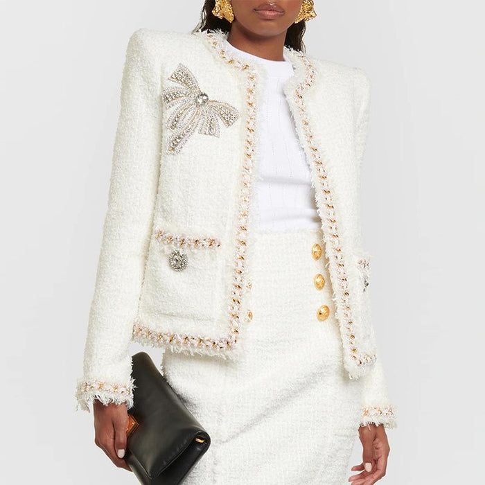 Cora White Rhinestone Bowtie Tweed Jacket - ALLARA