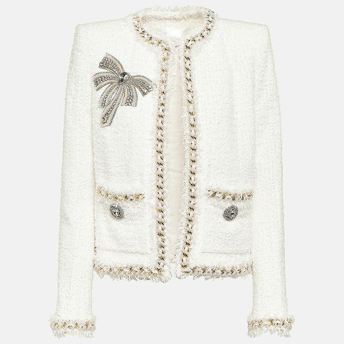 Cora White Rhinestone Bowtie Tweed Jacket - ALLARA