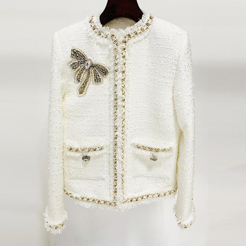 Cora White Rhinestone Bowtie Tweed Jacket - ALLARA
