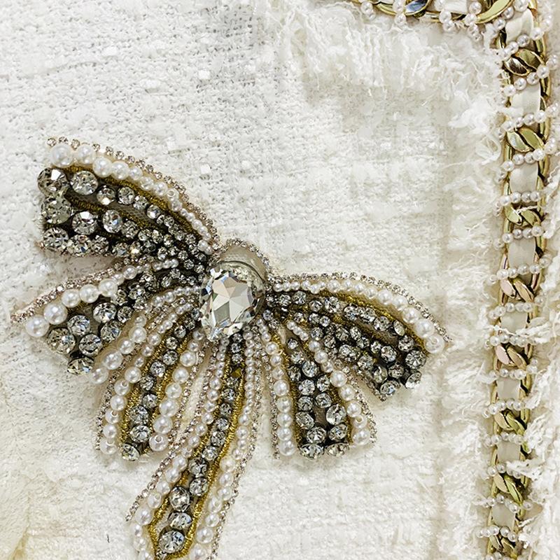 Cora White Rhinestone Bowtie Tweed Jacket - ALLARA