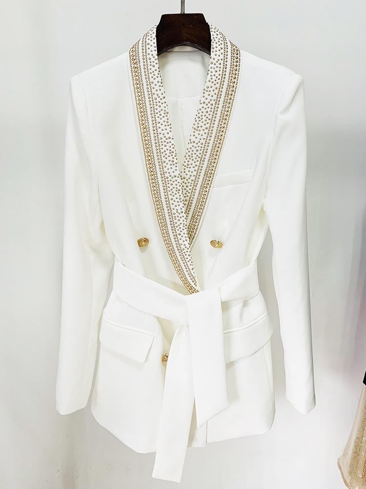 Dahlia White Tie Waist Blazer with Stud Collar - ALLARA