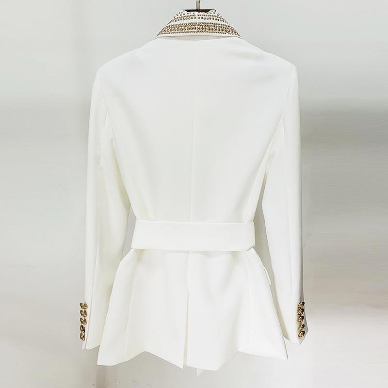 Dahlia White Tie Waist Blazer with Stud Collar - ALLARA