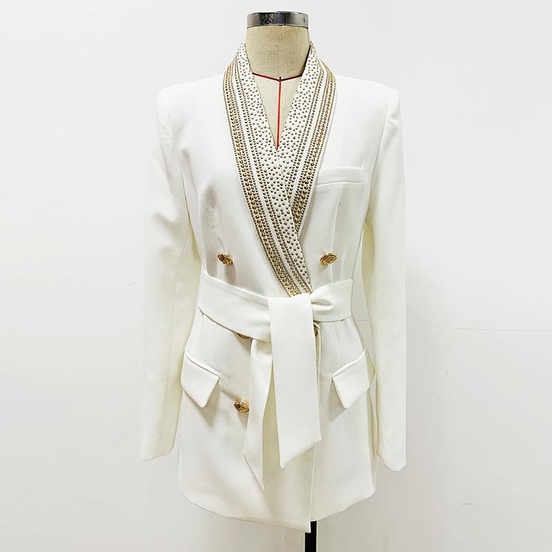 Dahlia White Tie Waist Blazer with Stud Collar - ALLARA