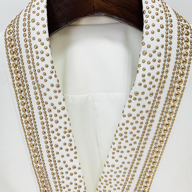 Dahlia White Tie Waist Blazer with Stud Collar - ALLARA