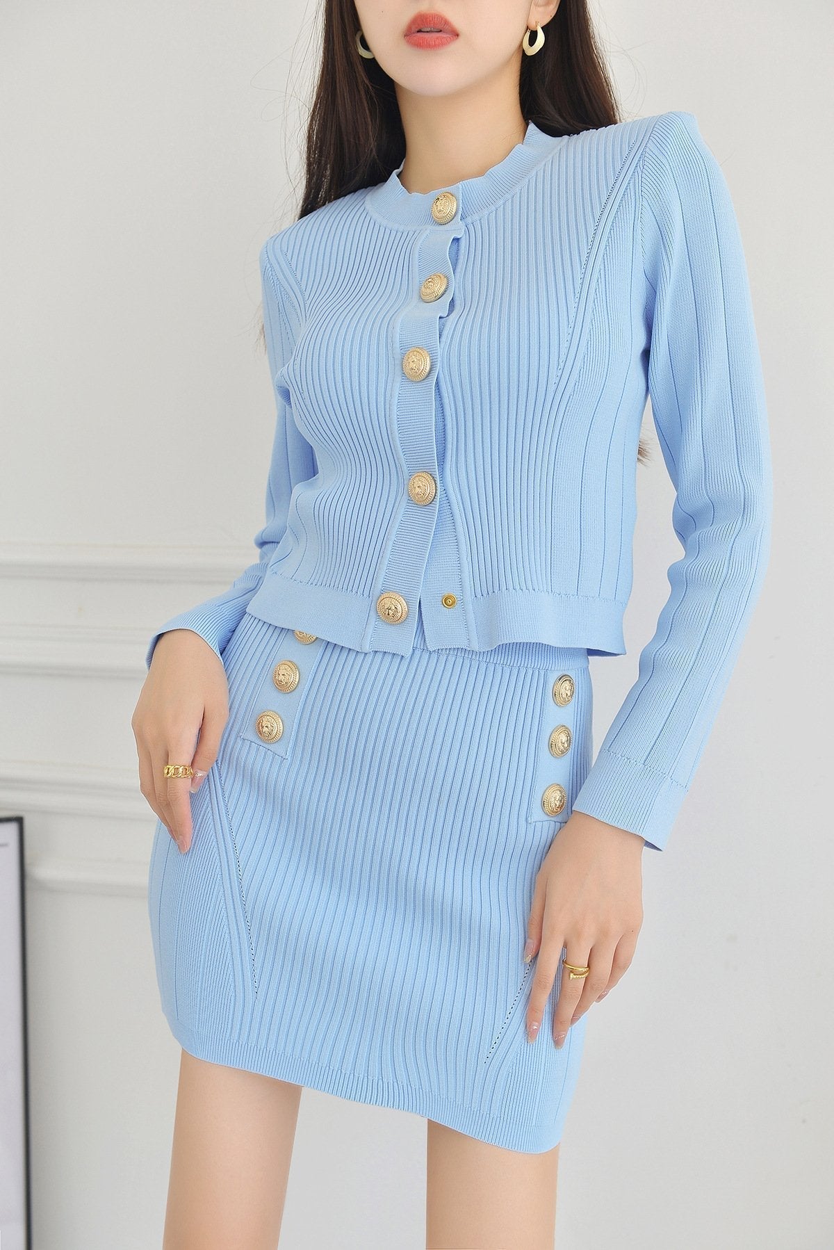 Daphne Knit Cardigan and Mini Skirt Set with Gold Buttons