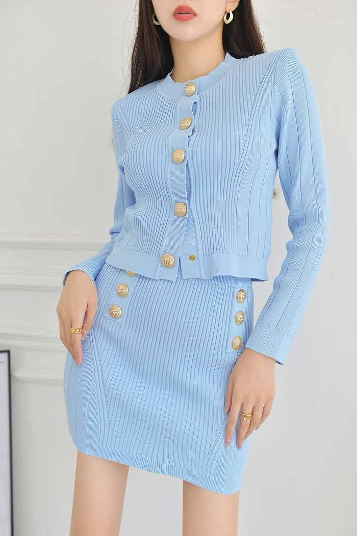 Daphne Knit Cardigan and Mini Skirt Set with Gold Buttons
