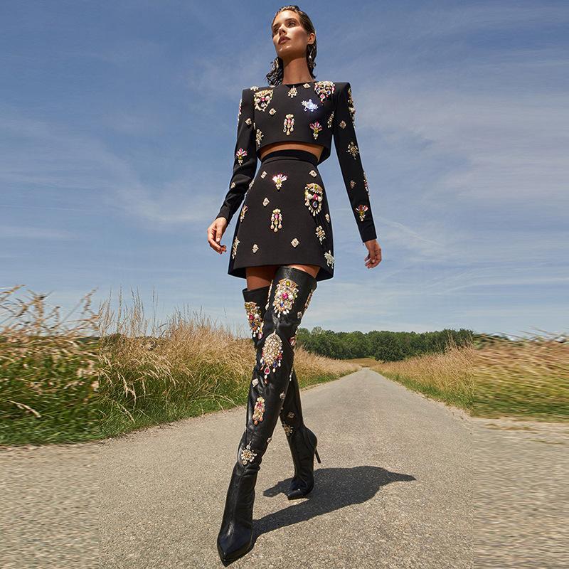 Delaney Black Rhinestone Top and Skirt Two Piece Set - ALLARA