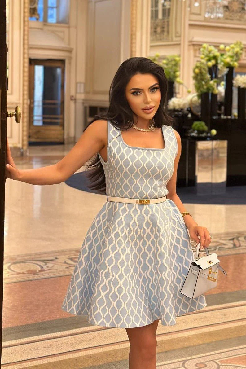 Becky Blue Square Neck Knit Mini Dress
