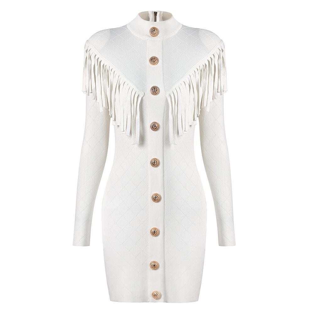 Elise White Fringe Trim Knit Mini Dress - ALLARA