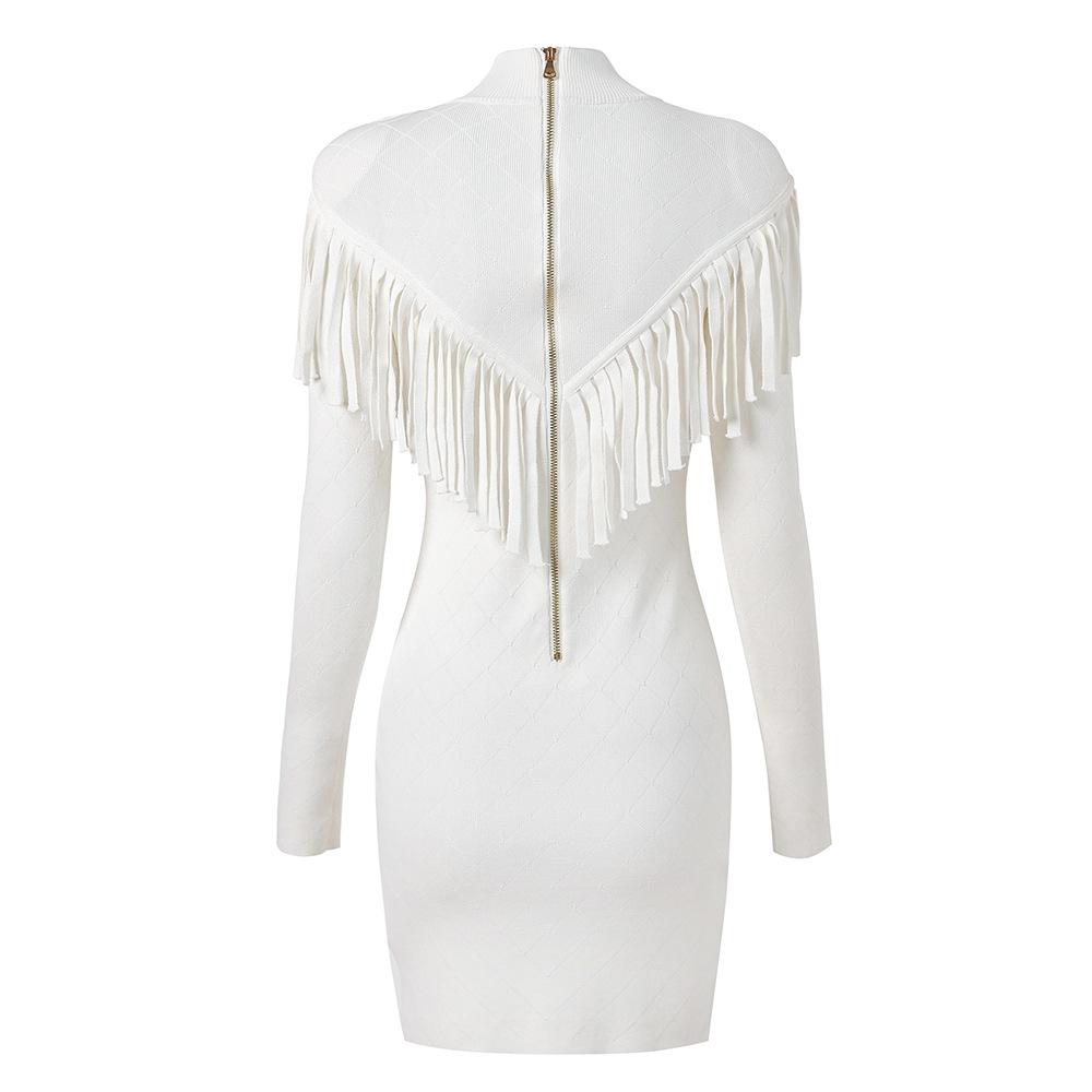 Elise White Fringe Trim Knit Mini Dress - ALLARA