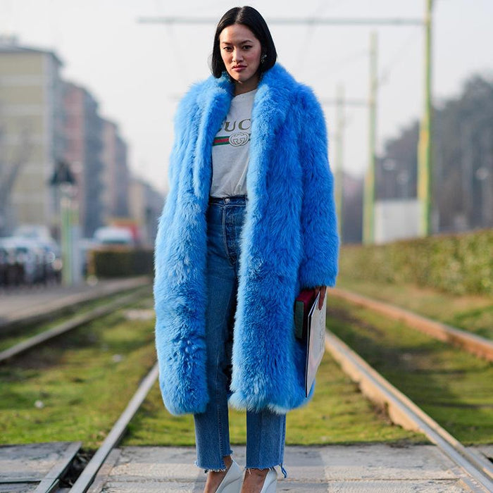 Elodie Blue Long Faux Fur Long Coat - ALLARA
