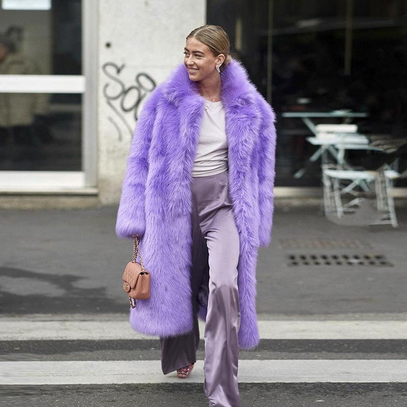 Elodie Purple Long Faux Fur Long Coat - ALLARA