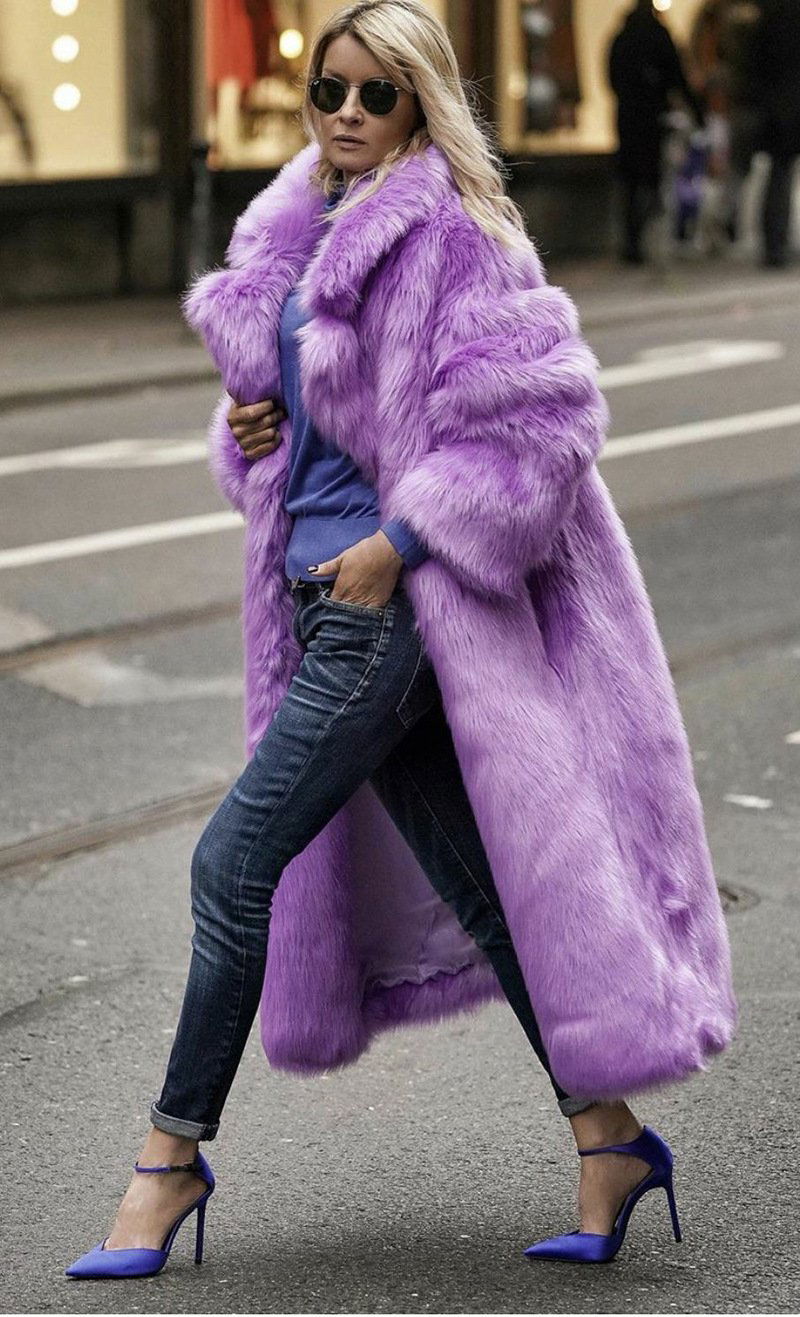 Elodie Purple Long Faux Fur Long Coat - ALLARA