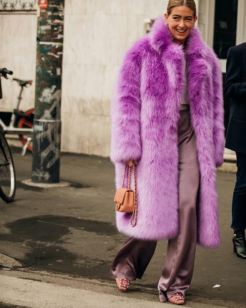 Elodie Purple Long Faux Fur Long Coat - ALLARA