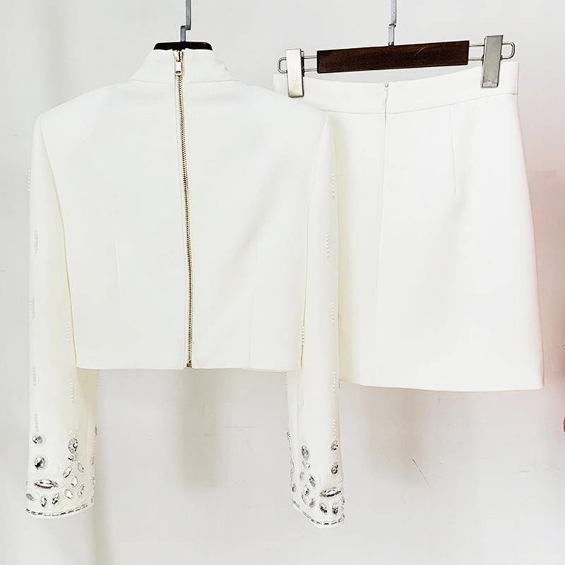 Emery White Crystal Long Sleeve Top and Skirt Two Piece Set - ALLARA