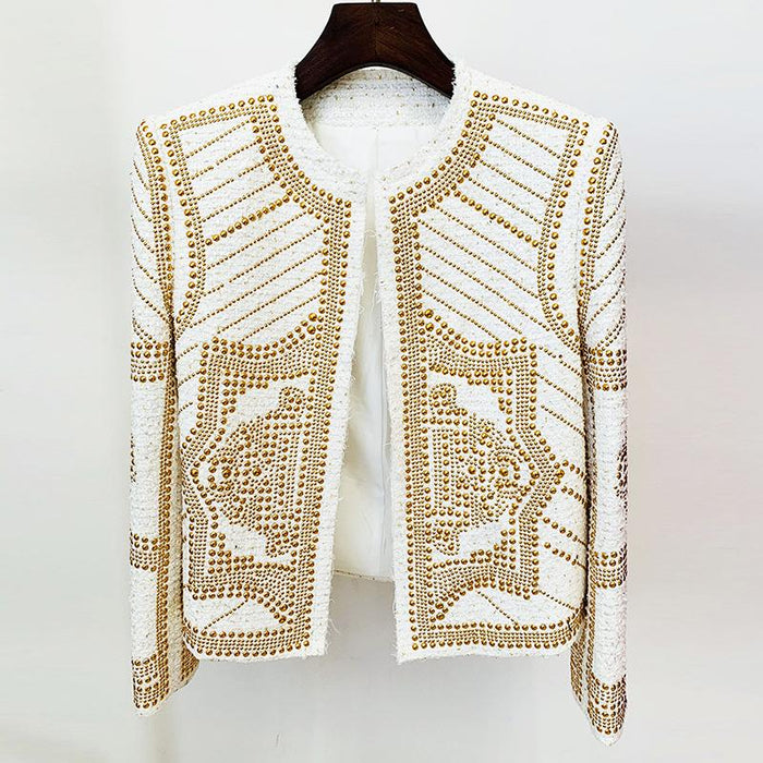 Emilia White Tweed Jacket with Metal Studs - ALLARA