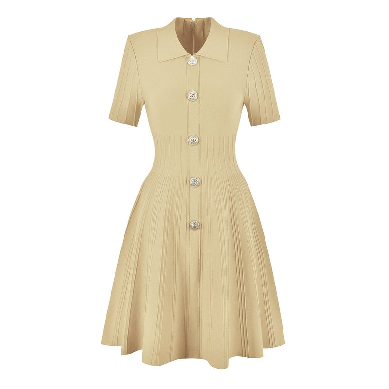 Emmeline Beige Lapel Collar A Line Knit Dress - ALLARA