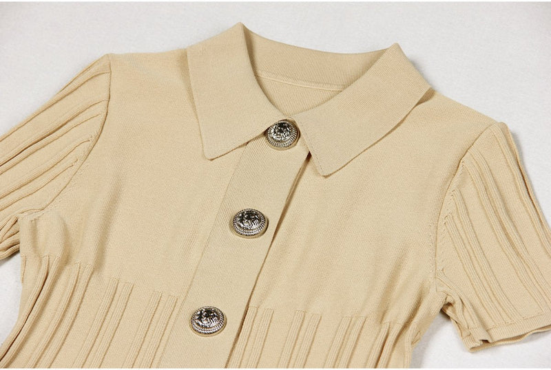 Emmeline Beige Lapel Collar A Line Knit Dress - ALLARA