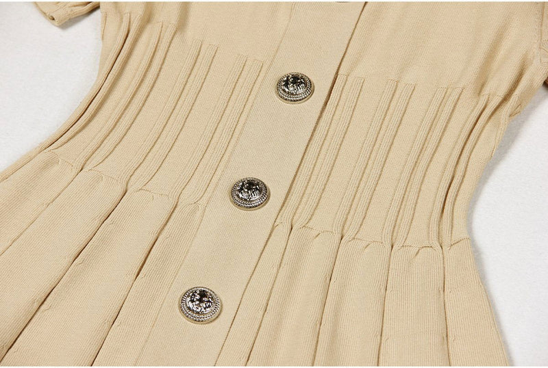 Emmeline Beige Lapel Collar A Line Knit Dress - ALLARA