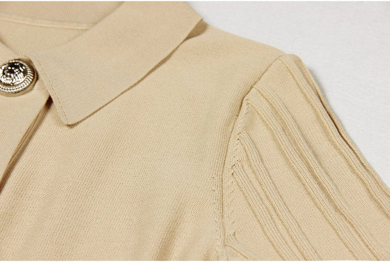 Emmeline Beige Lapel Collar A Line Knit Dress - ALLARA