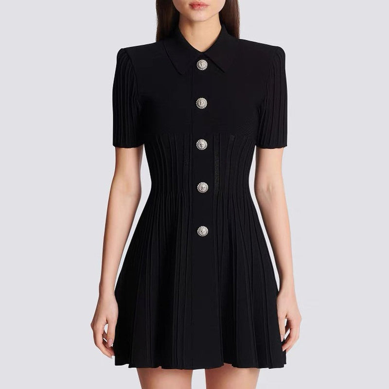 Emmeline Black Lapel Collar A Line Knit Dress - ALLARA