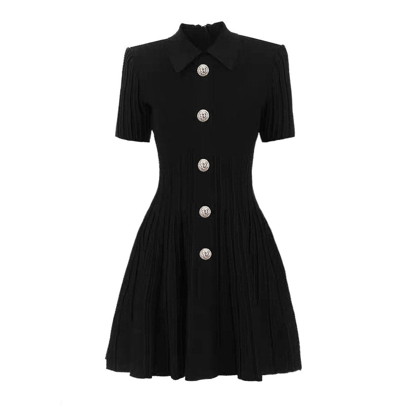 Emmeline Black Lapel Collar A Line Knit Dress - ALLARA