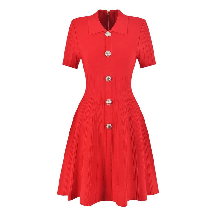 Emmeline Red Lapel Collar A Line Knit Dress - ALLARA