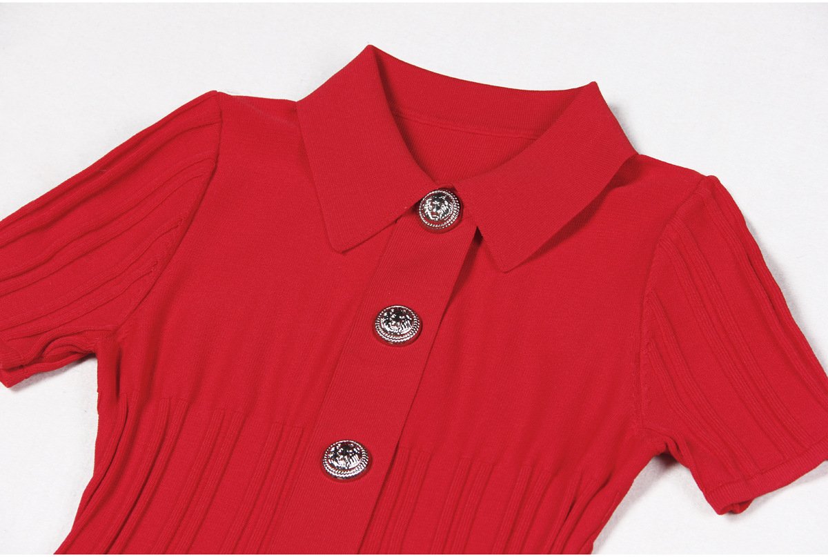 Emmeline Red Lapel Collar A Line Knit Dress - ALLARA