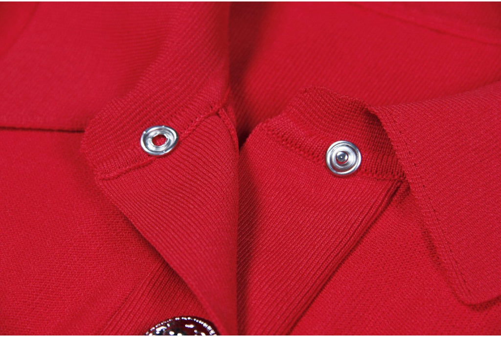 Emmeline Red Lapel Collar A Line Knit Dress - ALLARA